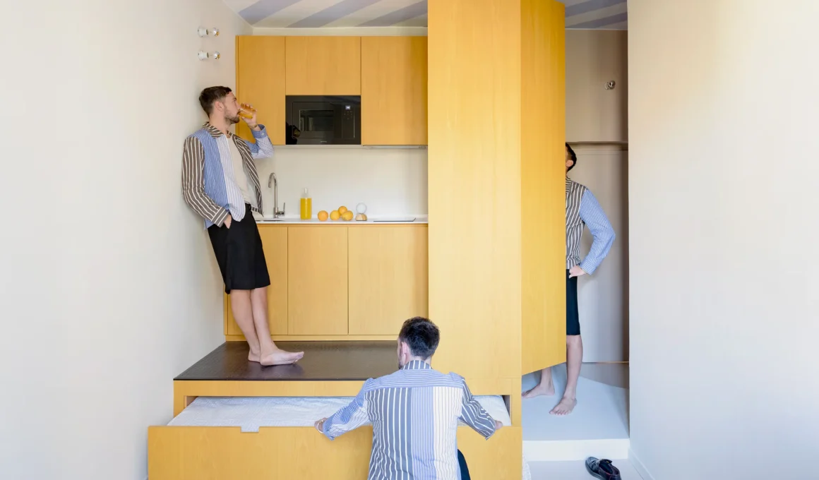 Multi-exposure shot of M50 micro-apartment living area Milan