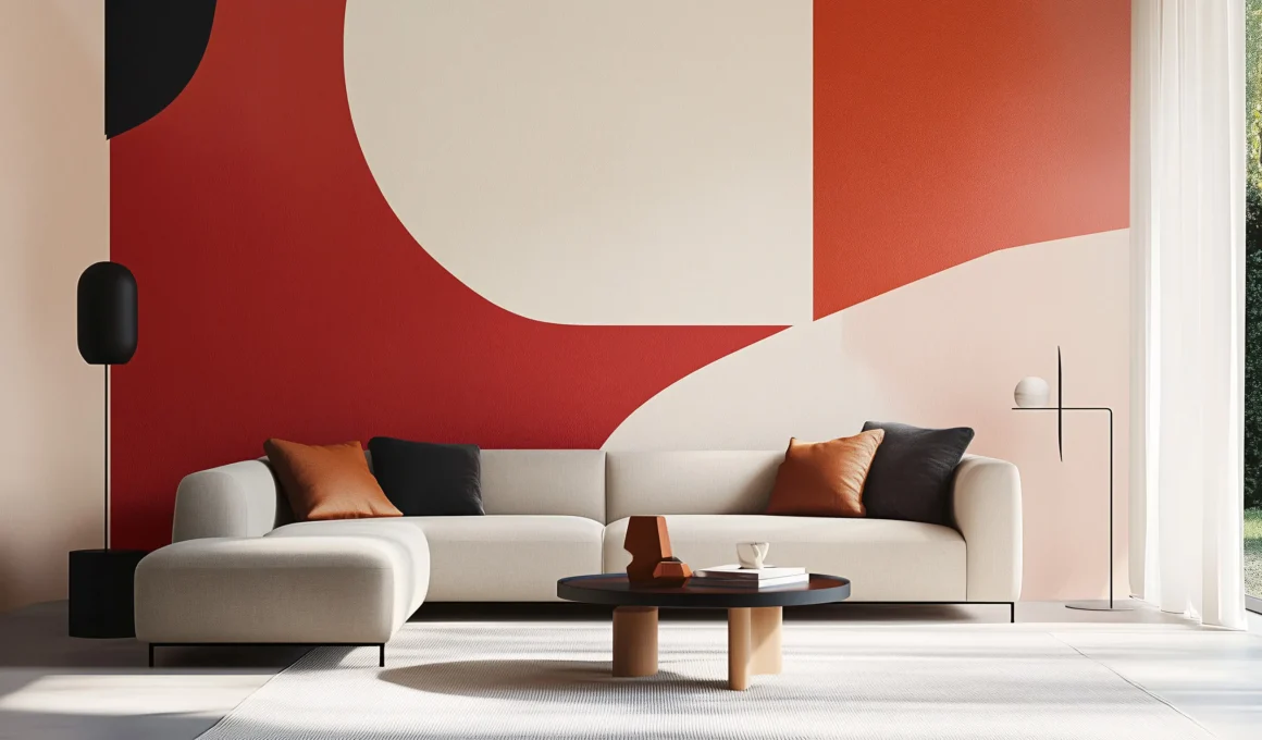 Minimalist living room with a large-scale mid-century modern geometric wallpaper in terracotta, cream, and black behind a white sectional sofa.