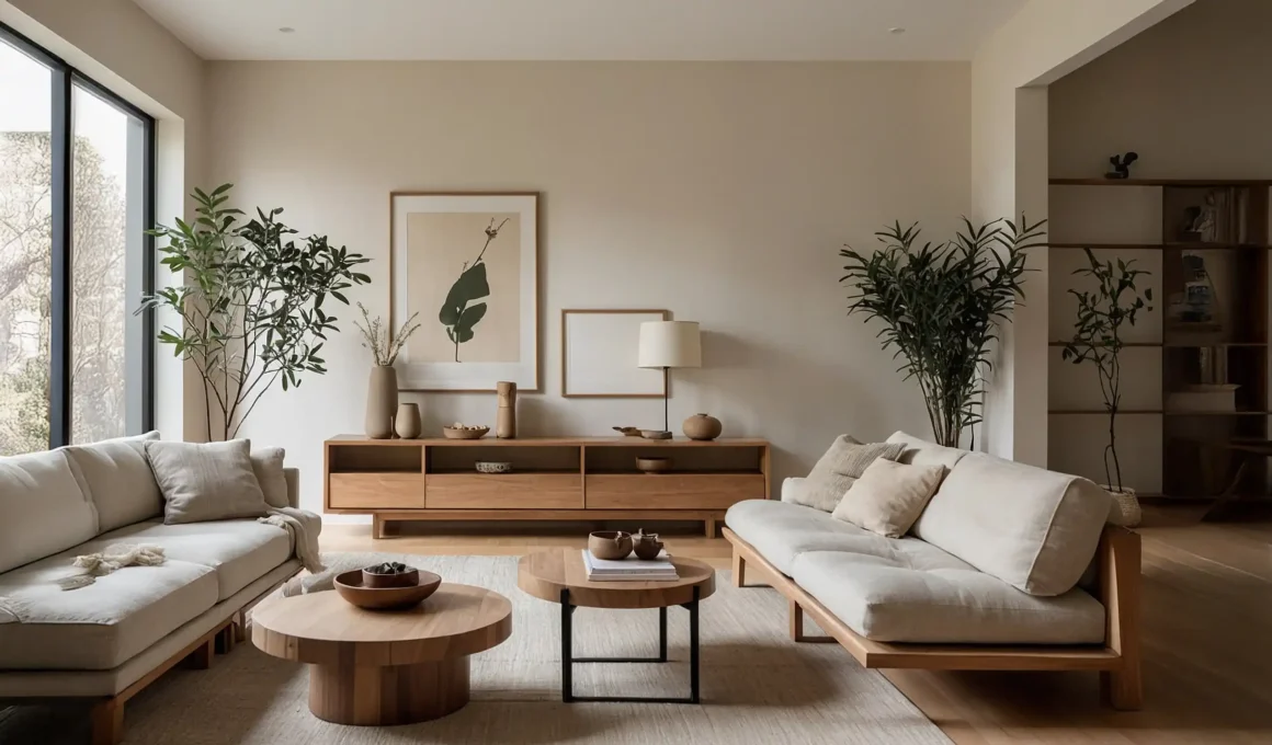 Minimalist living room featuring an open-concept layout, warm hardwood floors, large windows for natural light, and high-end wooden furniture.