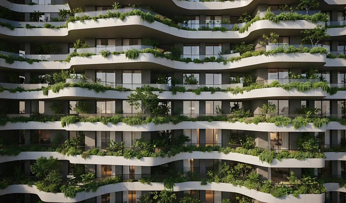 Modern residential building facade with wavy balconies, integrated greenery, and low-profile glass railings for safety.
