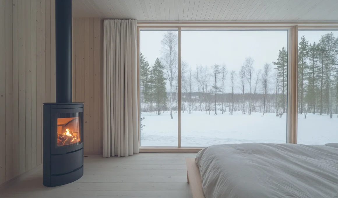 Minimalist interior featuring a modern wood-burning stove and a chimney flue with a snowy forest view.