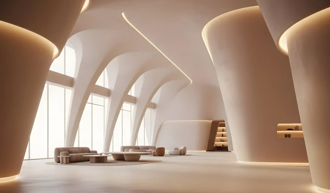 Futuristic residential lobby design with organic architecture and integrated smart lighting systems.