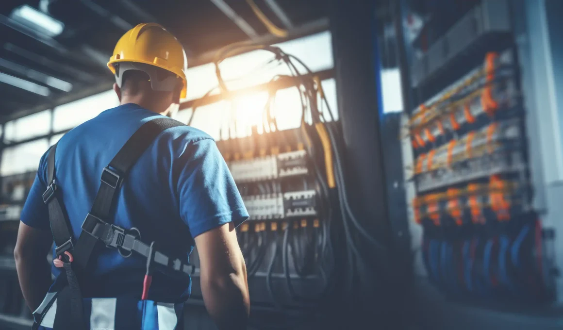 Master electrician inspecting a complex electrical panel, reflecting the standards of the NASCLA electrical exam.