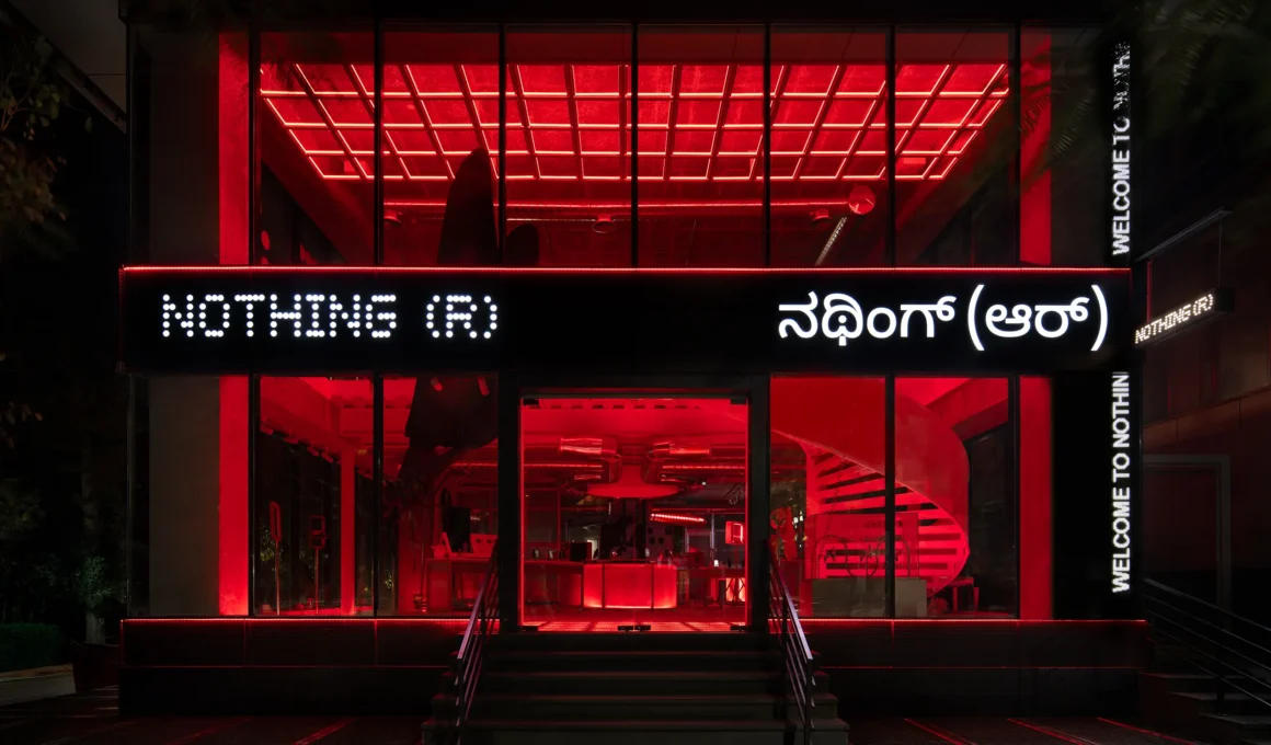 Nothing Store Bengaluru illuminated red facade at night