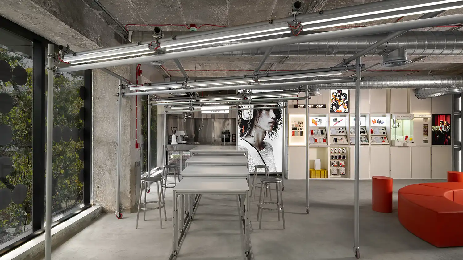 Minimalist tech workshop with scaffolding and stools