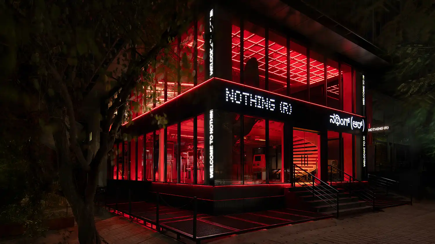Corner view of Nothing Store Bengaluru night illumination