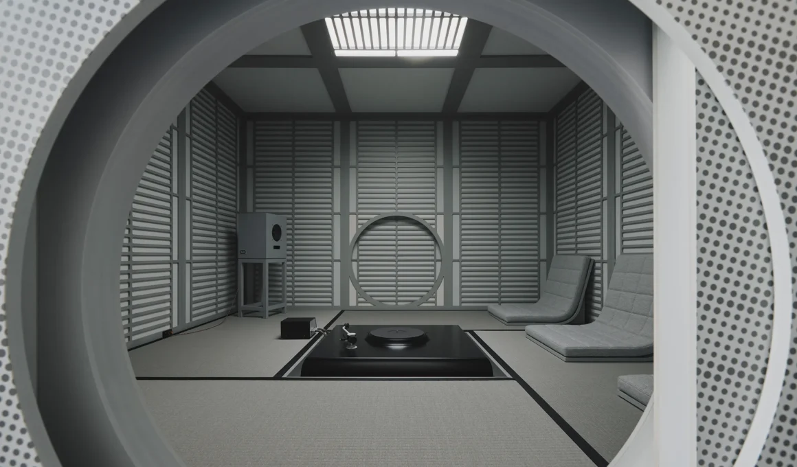 A circular entryway frames the "Sound House" on the first floor of the Karimoku Research Center, showcasing a meditative listening space.