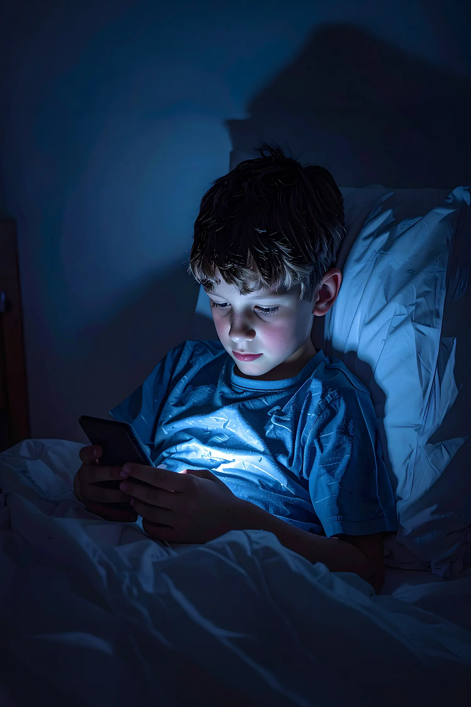 A young boy using a smartphone in bed at night, highlighting the connection between blue light exposure and disrupted sleep routines in children.