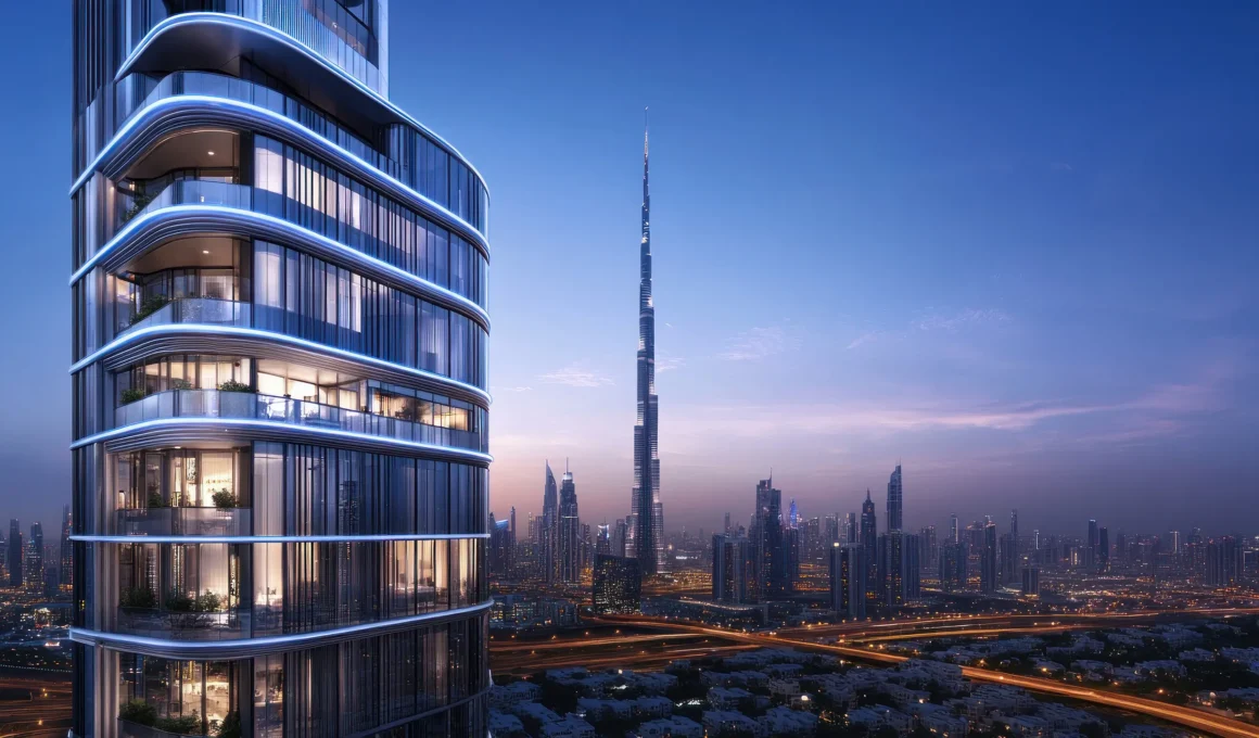Evening perspective of residential apartments in Dubai featuring floor-to-ceiling glazing, curved LED-lit balconies, and a panoramic view of the Burj Khalifa.