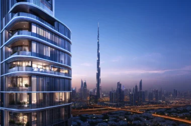 Evening perspective of residential apartments in Dubai featuring floor-to-ceiling glazing, curved LED-lit balconies, and a panoramic view of the Burj Khalifa.