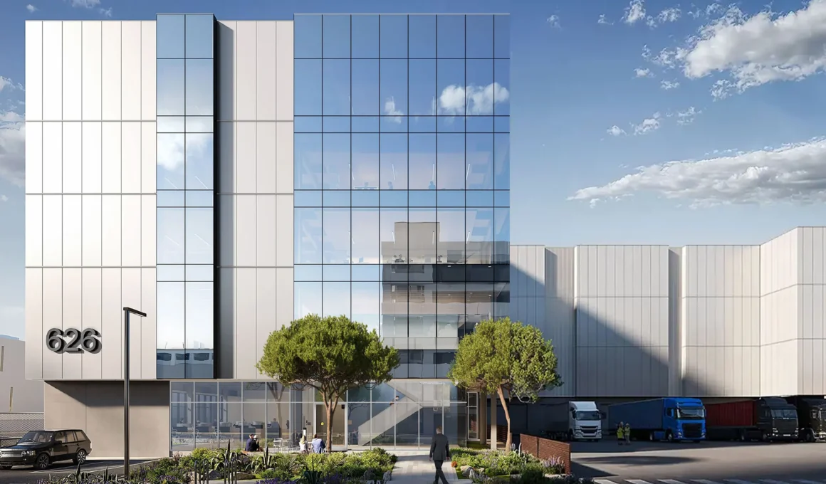 Rendering of the new SFO administrative campus designed by Petersen Studio, featuring a glass facade and landscaped green area at the entrance.