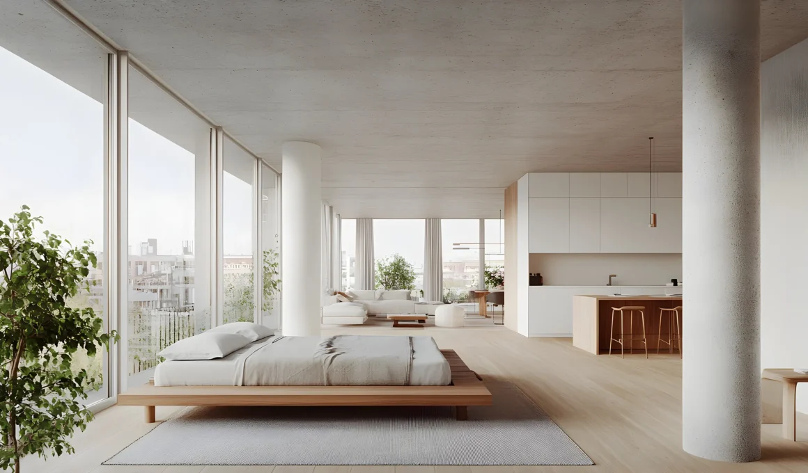 Minimalist open-plan interior with exposed concrete pillars and high thermal mass surfaces for energy-efficient heating.