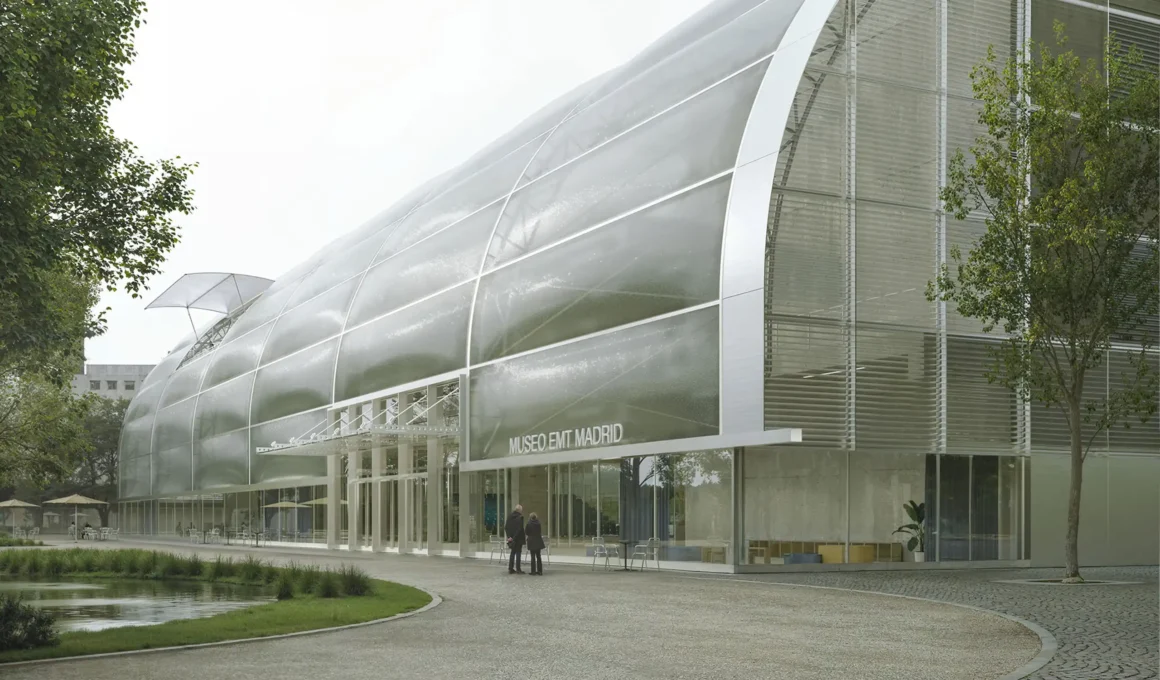 Exterior view of EMT Museum Madrid by Luca Poian Forms and Frade Arquitectos showing the translucent ETFE facade.