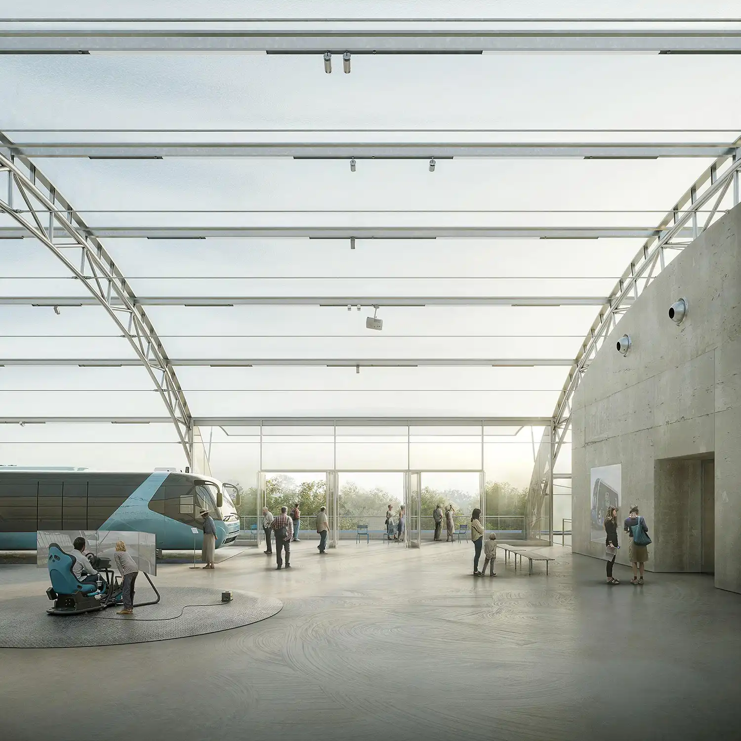 Interior exhibition hall of EMT Museum with high ceilings, concrete walls, and a blue modern bus on display.