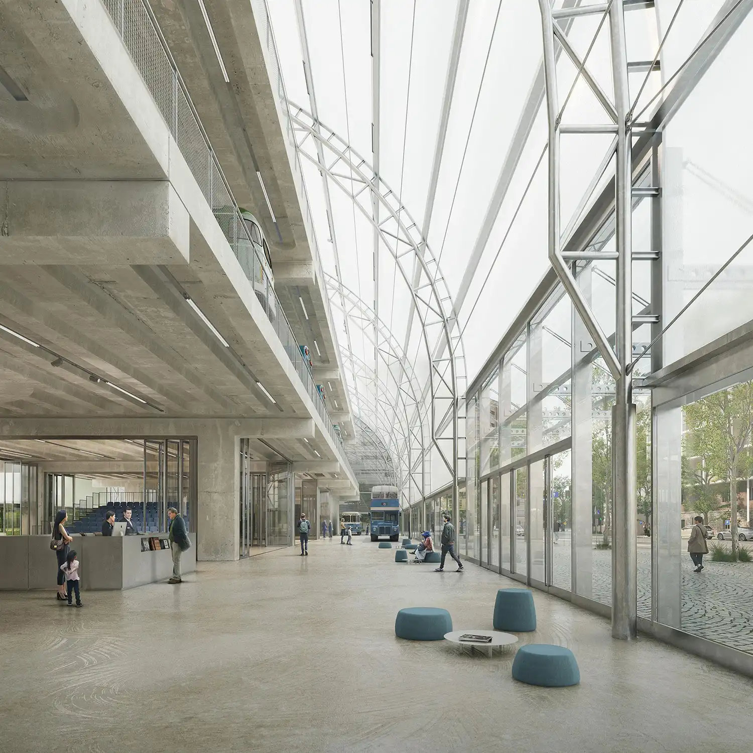 Large lobby and reception area of the EMT Museum in Madrid with concrete structural elements and blue seating.