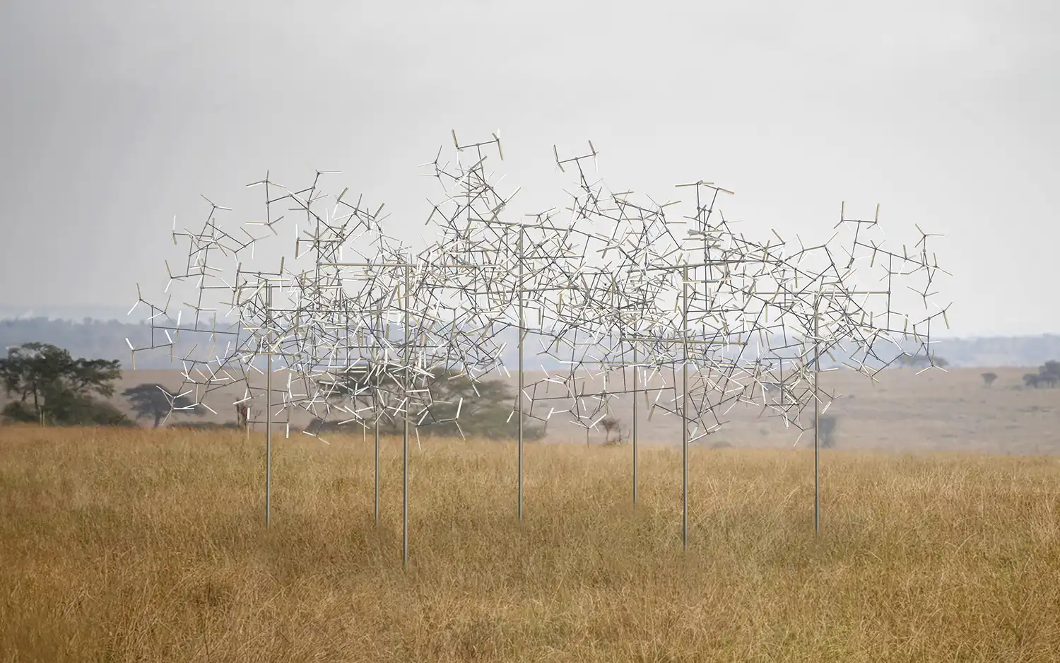 Wide shot of Vincent Leroy’s Fractal Swarm installation in a vast landscape.