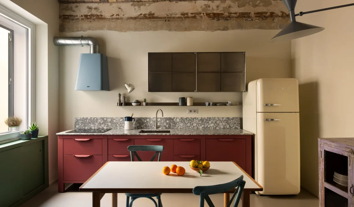 Modern kitchen with red cabinetry, terrazzo backsplash, and exposed brick vaulted ceiling.