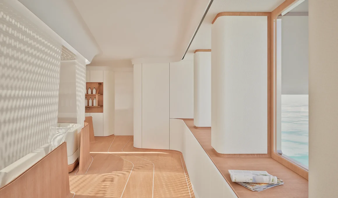 Light-filled yacht corridor by Andrea Mosca with wood flooring and sea view.