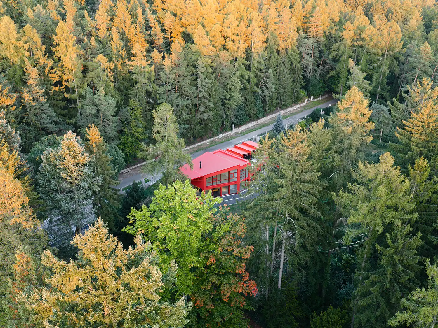 High-angle drone shot showing the red villa embedded in a vast forest canopy with a road running alongside.