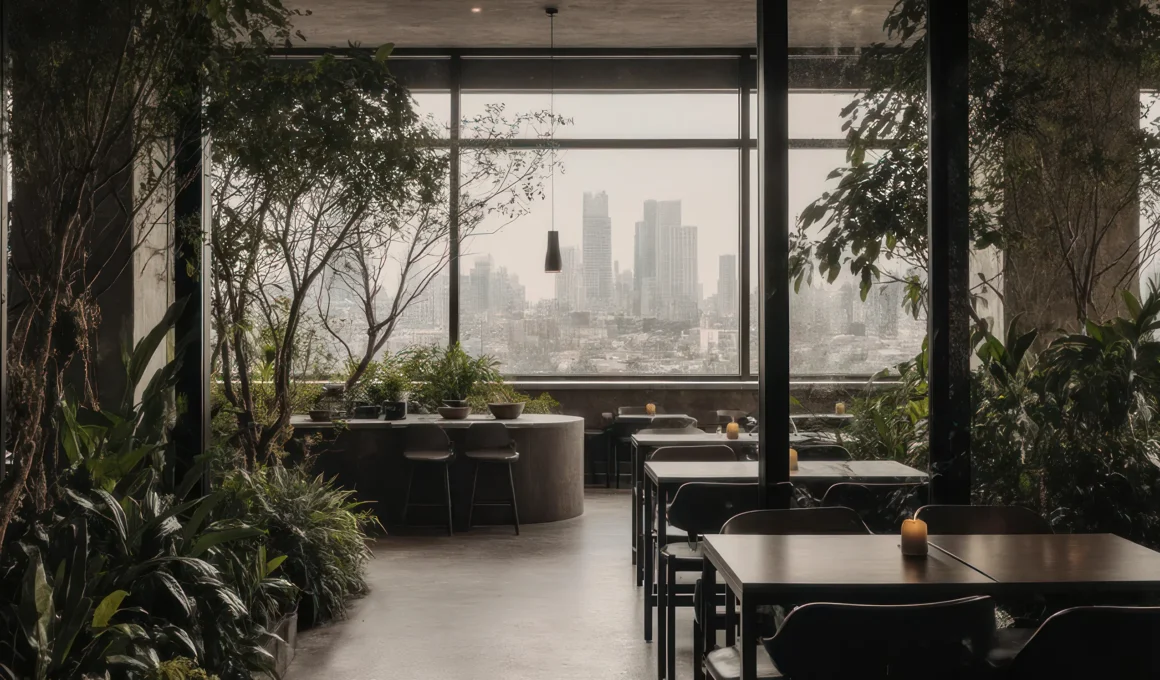 Modern restaurant interior featuring large artificial trees, dark wooden dining tables, and a panoramic urban skyline view through floor-to-ceiling windows.