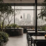 Modern restaurant interior featuring large artificial trees, dark wooden dining tables, and a panoramic urban skyline view through floor-to-ceiling windows.