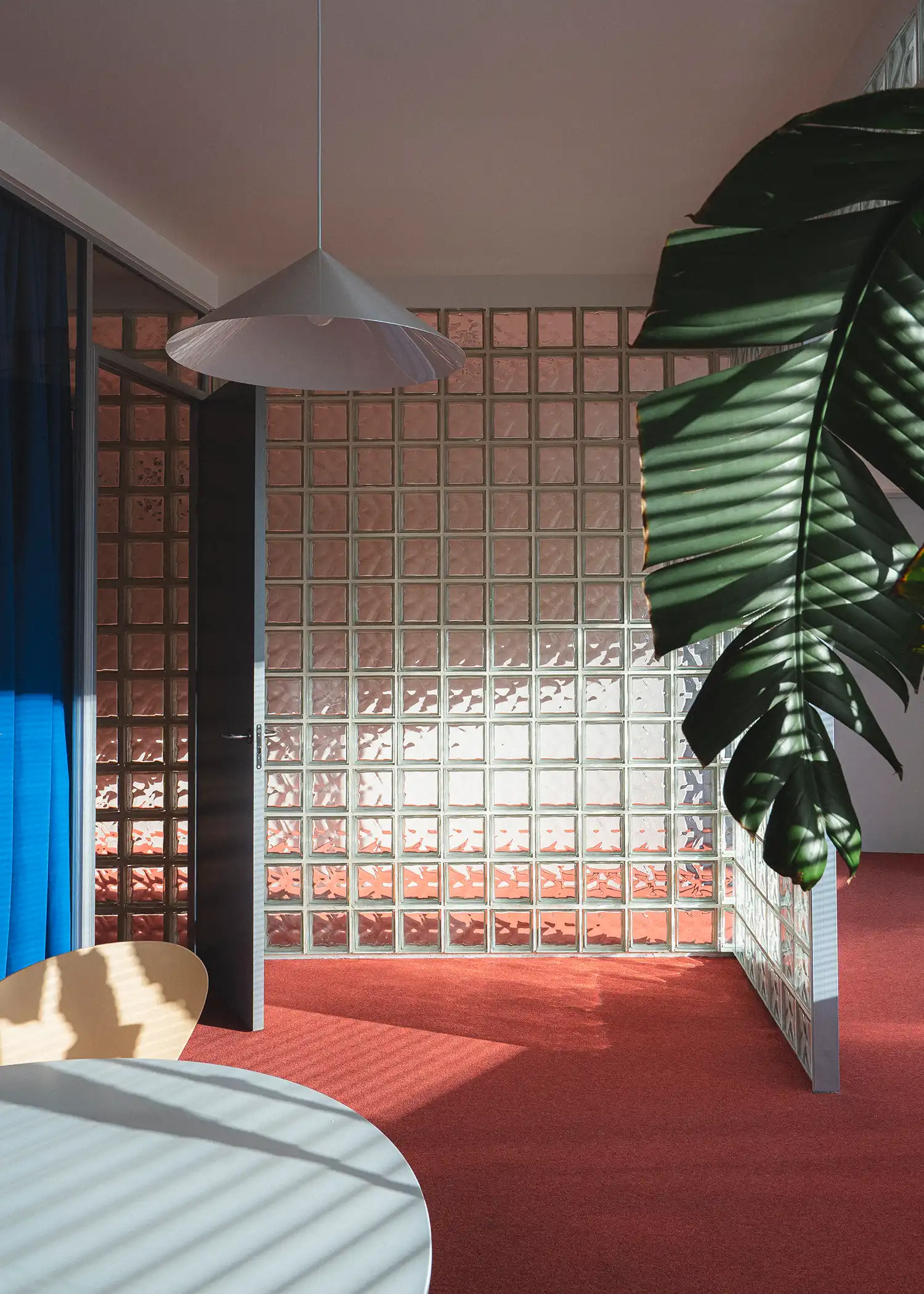Sunlight hitting a glass-block partition near a tropical plant and a white pendant lamp.