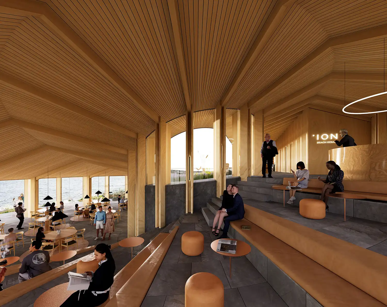 A terraced interior space with wooden seating and steps leading down to a larger dining area and large windows. The Black Sea is visible outside, and a sign says "ION BEACH HOUSE".