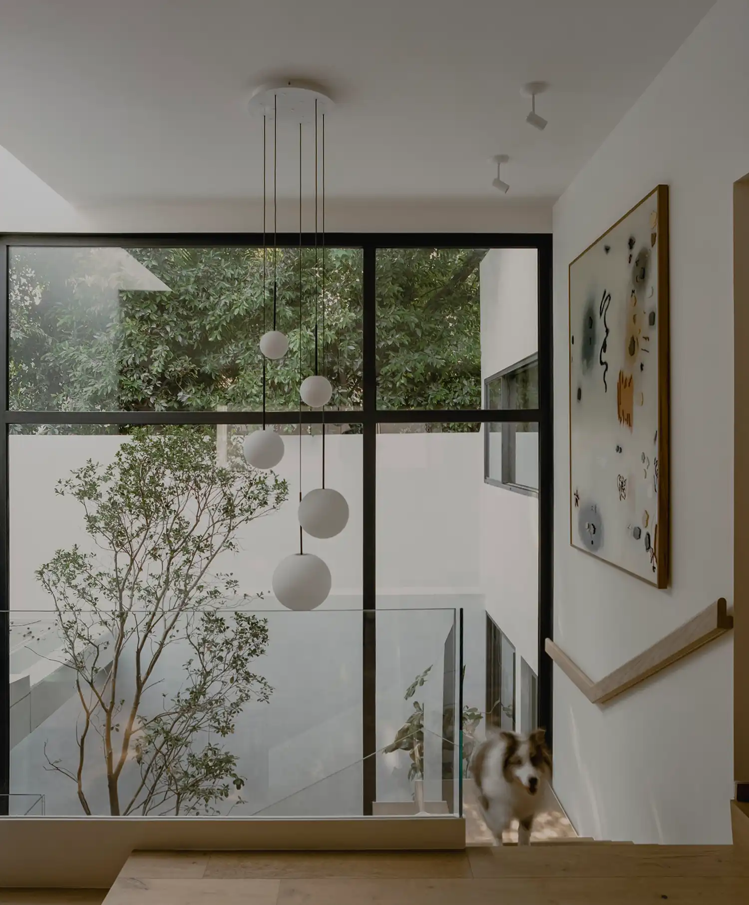 Minimalist upper-level hallway at CDLA House featuring a glass balustrade, spherical pendant lighting, and a pet dog on the stairs.