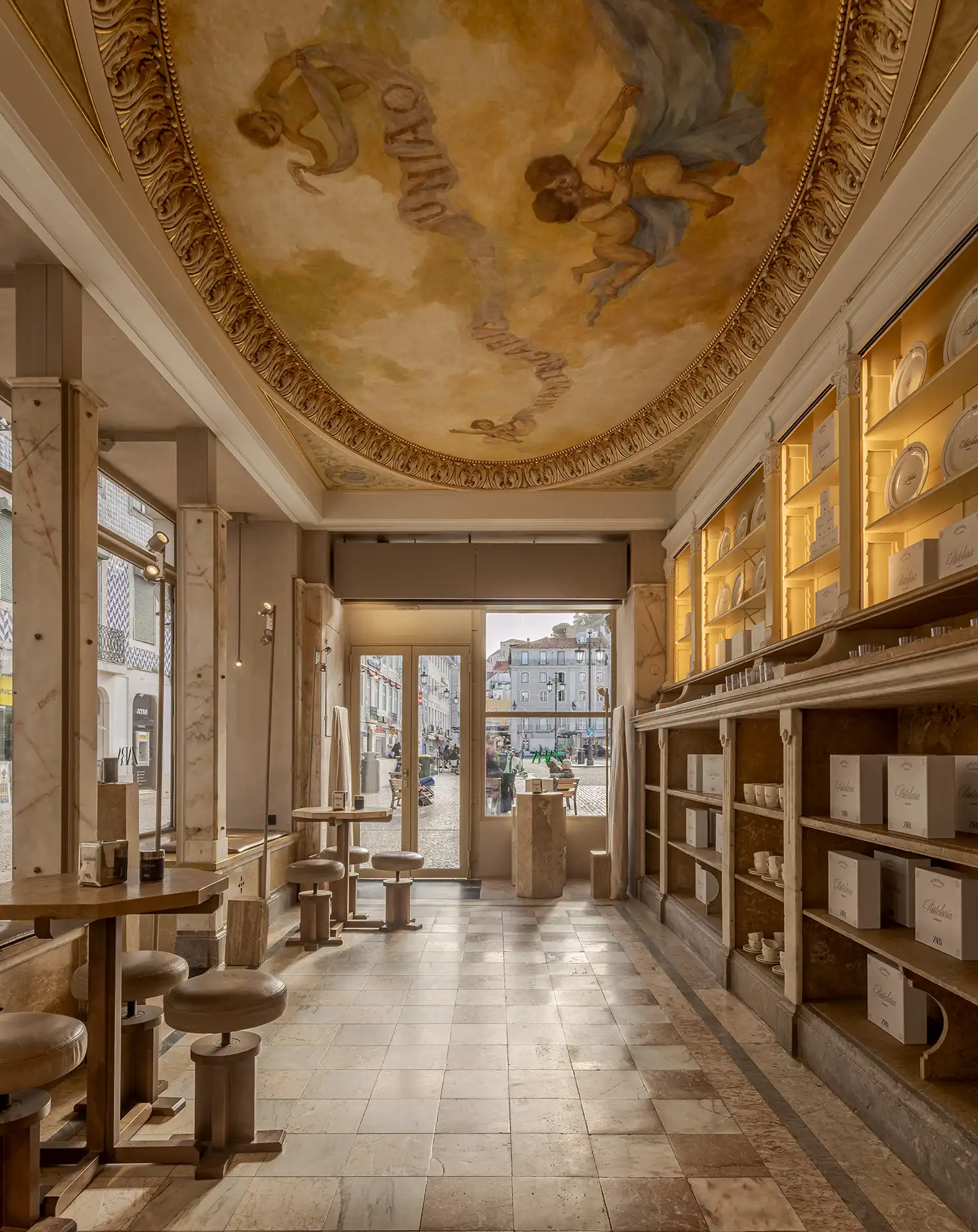 Ornate ceiling painting in the Castro by Zara pastry shop in Lisbon