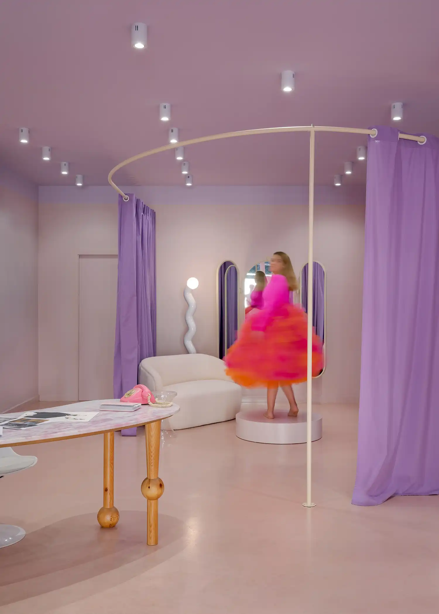 wide view of the showroom with movement blur