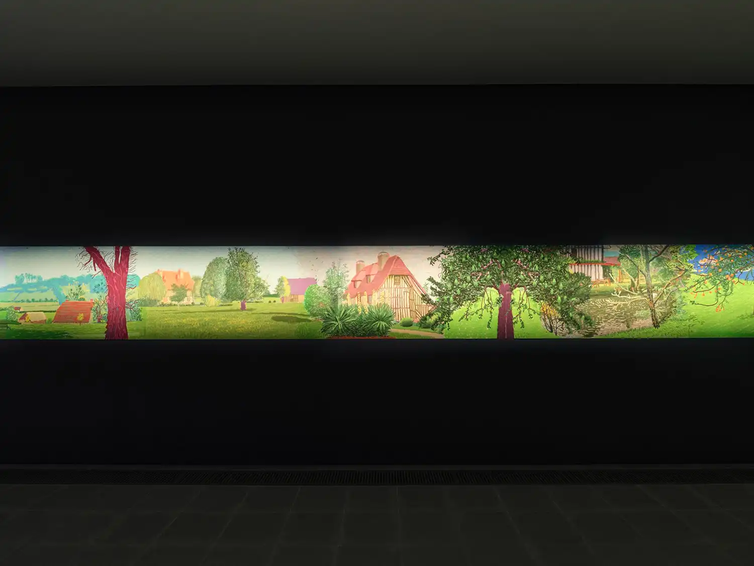 A head-on shot of David Hockney’s frieze depicting a traditional Normandy half-timbered house and lush gardens.
