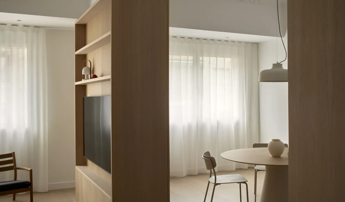 Natural oak partition with integrated TV and shelving in a bright Valencia apartment.