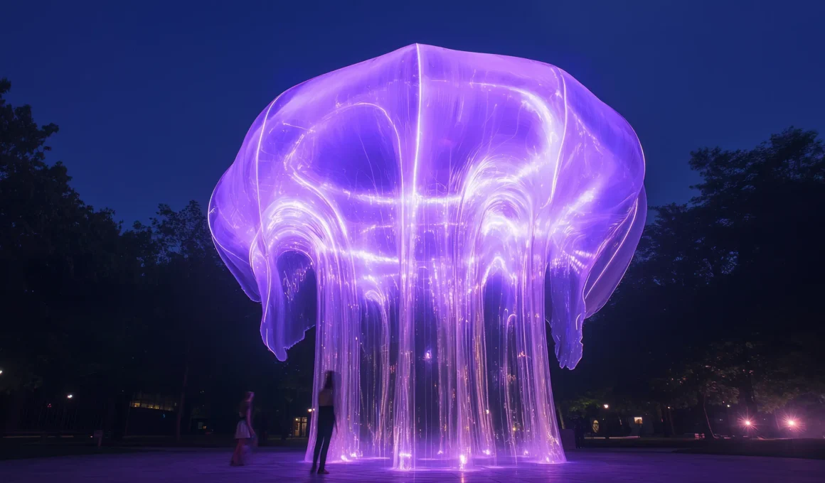 A large, glowing purple jellyfish-inspired interactive art installation by dionartstudio.com, activating a public plaza at night to encourage community engagement.