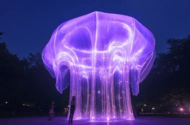 A large, glowing purple jellyfish-inspired interactive art installation by dionartstudio.com, activating a public plaza at night to encourage community engagement.