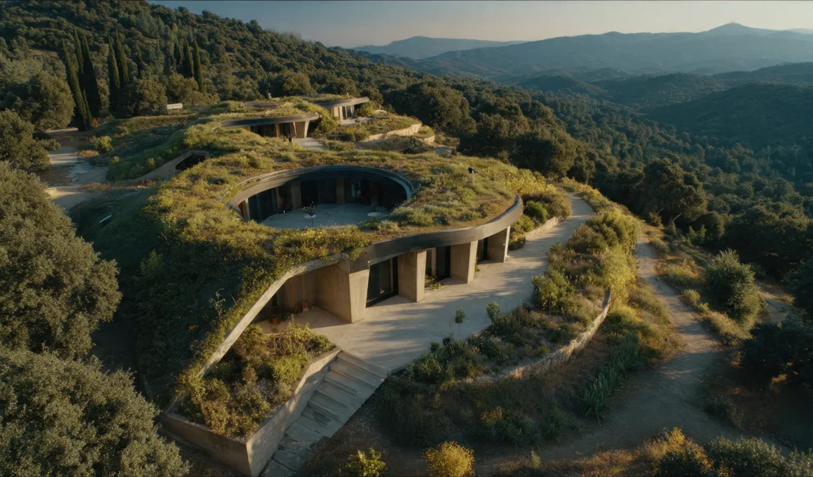 Earth-sheltered circular residence with a green roof integrated into a Mediterranean hillside landscape.