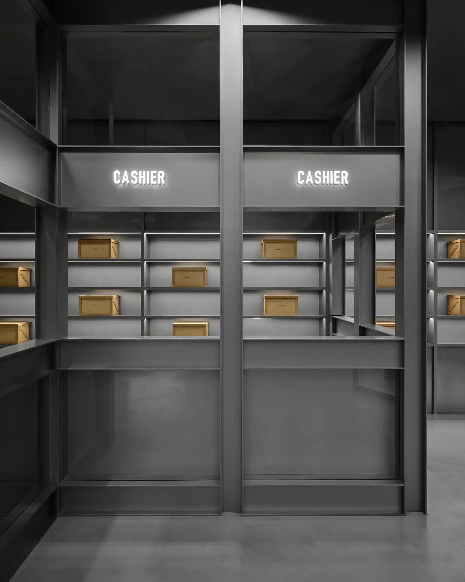Symmetrical view of two cashier stations with glowing "CASHIER" signs and steel shelving.
