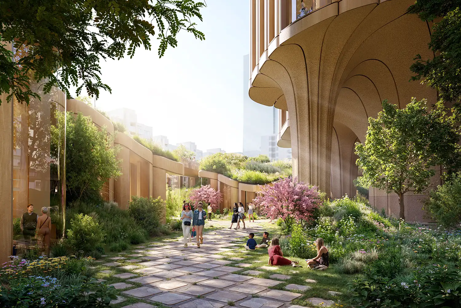 Pedestrian-level view of the landscaped sunken courtyards at the base of the Daegyo Apartments.
