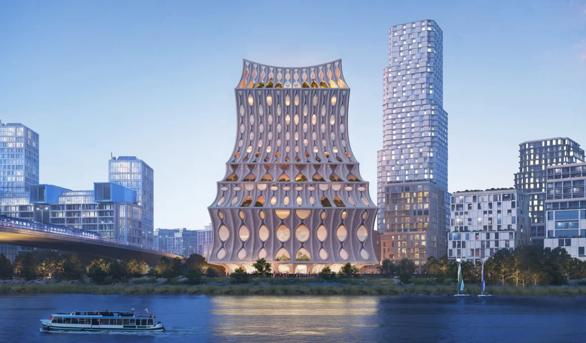 Heatherwick Studio Urban Reef proposal Rotterdam waterfront night view