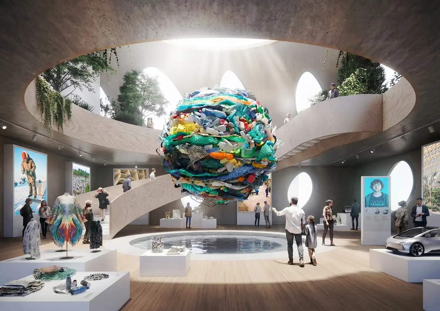 Circular exhibition space in Urban Reef featuring a floating plastic sphere art piece