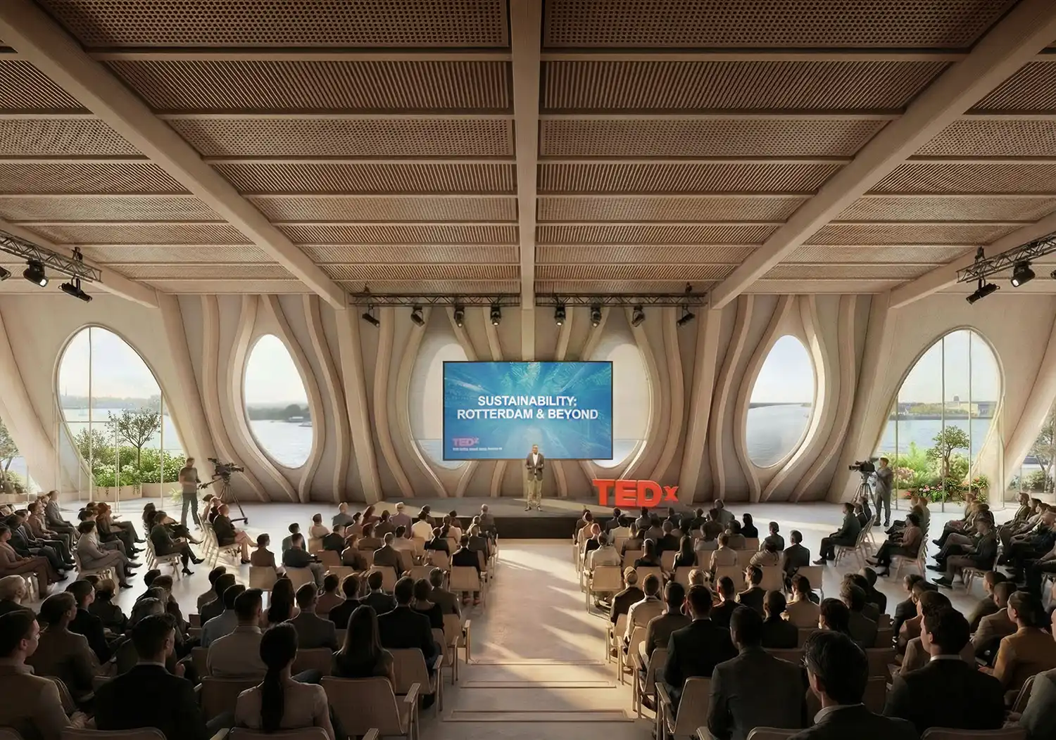 TEDx conference hall inside Urban Reef with panoramic waterfront views