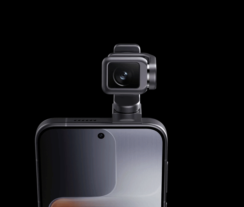 Animated close-up showing the metallic camera gimbal assembly on a phone tilting and rotating smoothly.