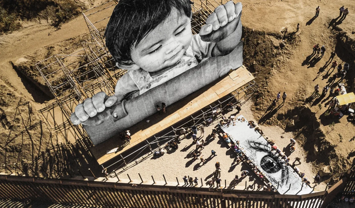 Exhibition view of JR's solo show 'Horizons' at Perrotin Los Angeles, featuring monumental ink-on-wood installations and photographic works.