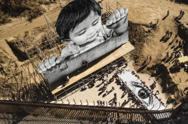 Exhibition view of JR's solo show 'Horizons' at Perrotin Los Angeles, featuring monumental ink-on-wood installations and photographic works.