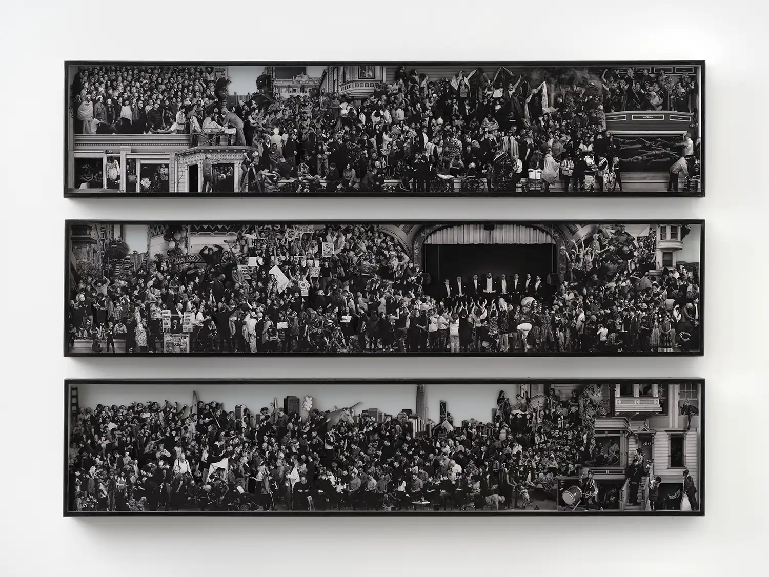 Exhibition view of JR's solo show 'Horizons' at Perrotin Los Angeles, featuring monumental ink-on-wood installations and photographic works.