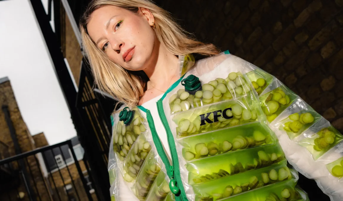 Close-up of a person wearing a transparent KFC puffer jacket filled with sliced pickles and green brine.