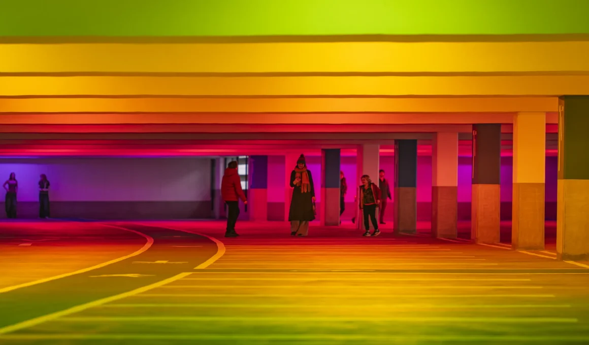 Deep interior perspective of a parking garage level. Horizontal bands of ceiling beams and floor reflections shift through a vivid, warm color gradient of orange, red, and deep magenta. Dark-clad figures walk on the left, illuminated by the colored light, near the curved path of yellow road lines.