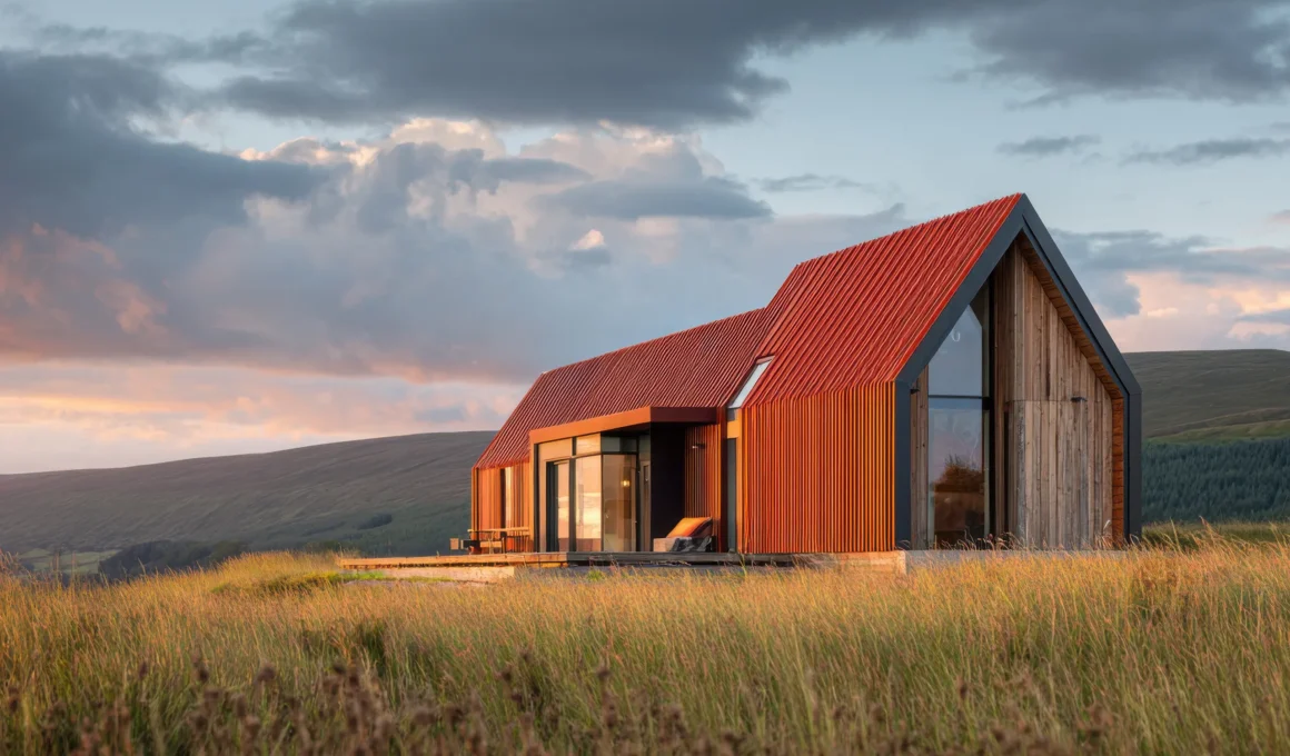 Exterior view of a modern sustainable bio-home featuring natural wood siding and a vibrant red-orange corrugated metal roof in a rural setting, showcasing low-carbon material integration.