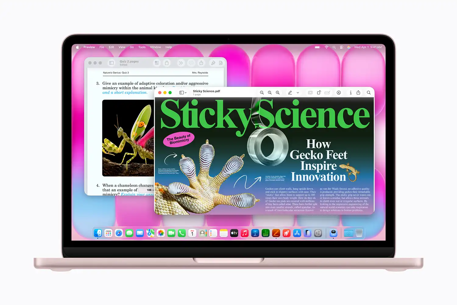 Screen detail of a blush MacBook Neo running macOS Tahoe apps.