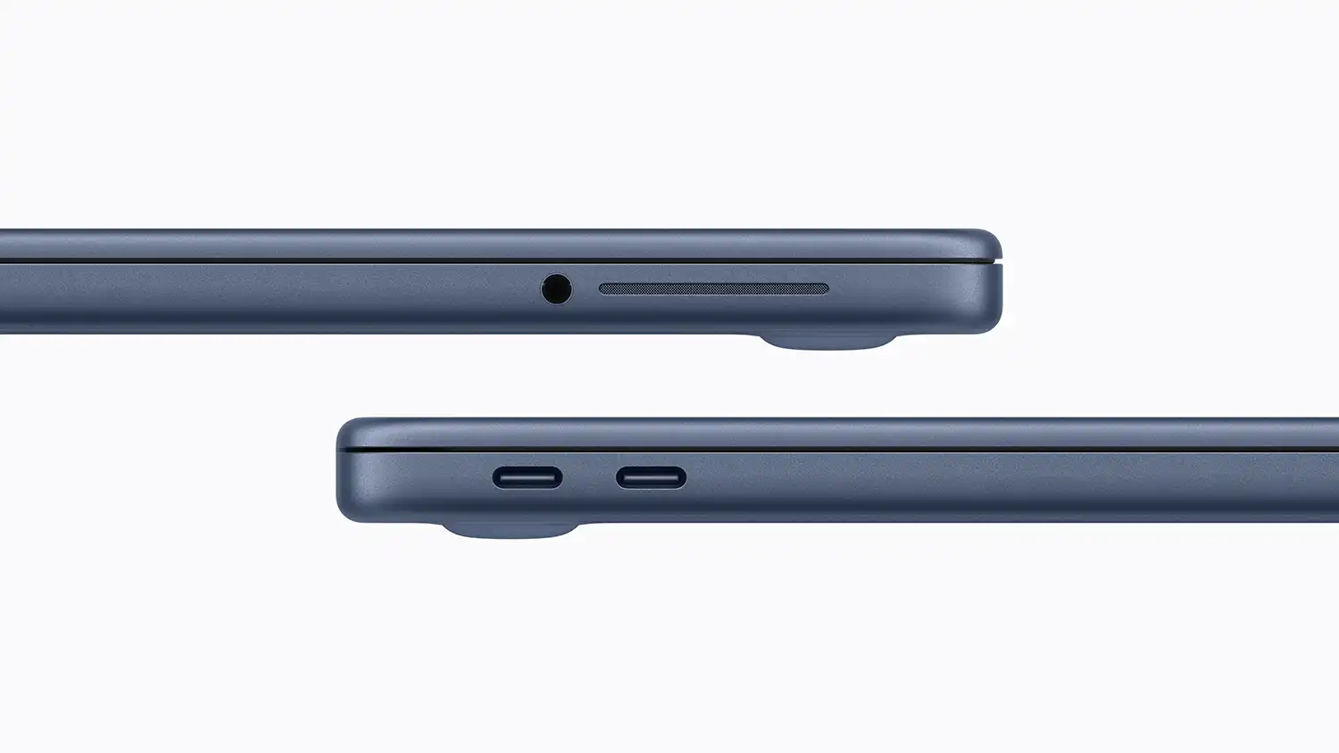 Close-up side profile of the indigo MacBook Neo showing connectivity ports.