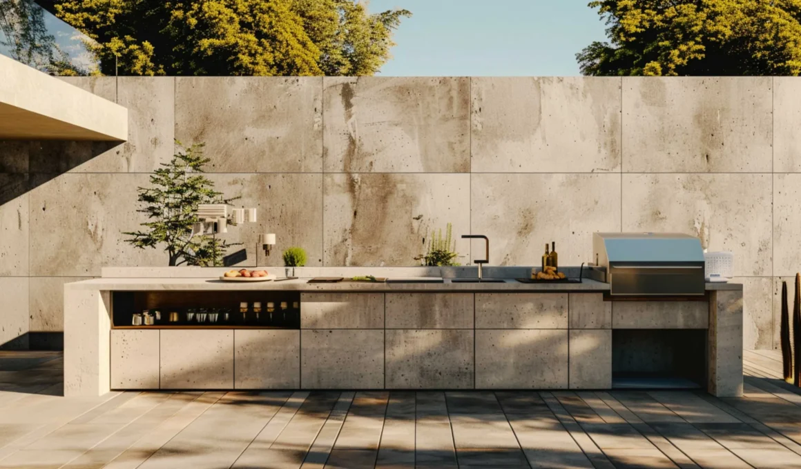 Front view of a monolithic concrete outdoor kitchen system, featuring integrated stainless steel professional grill, sink, prep counter with chopping board and herbs, and wooden open shelving, set against a large paneled concrete wall.